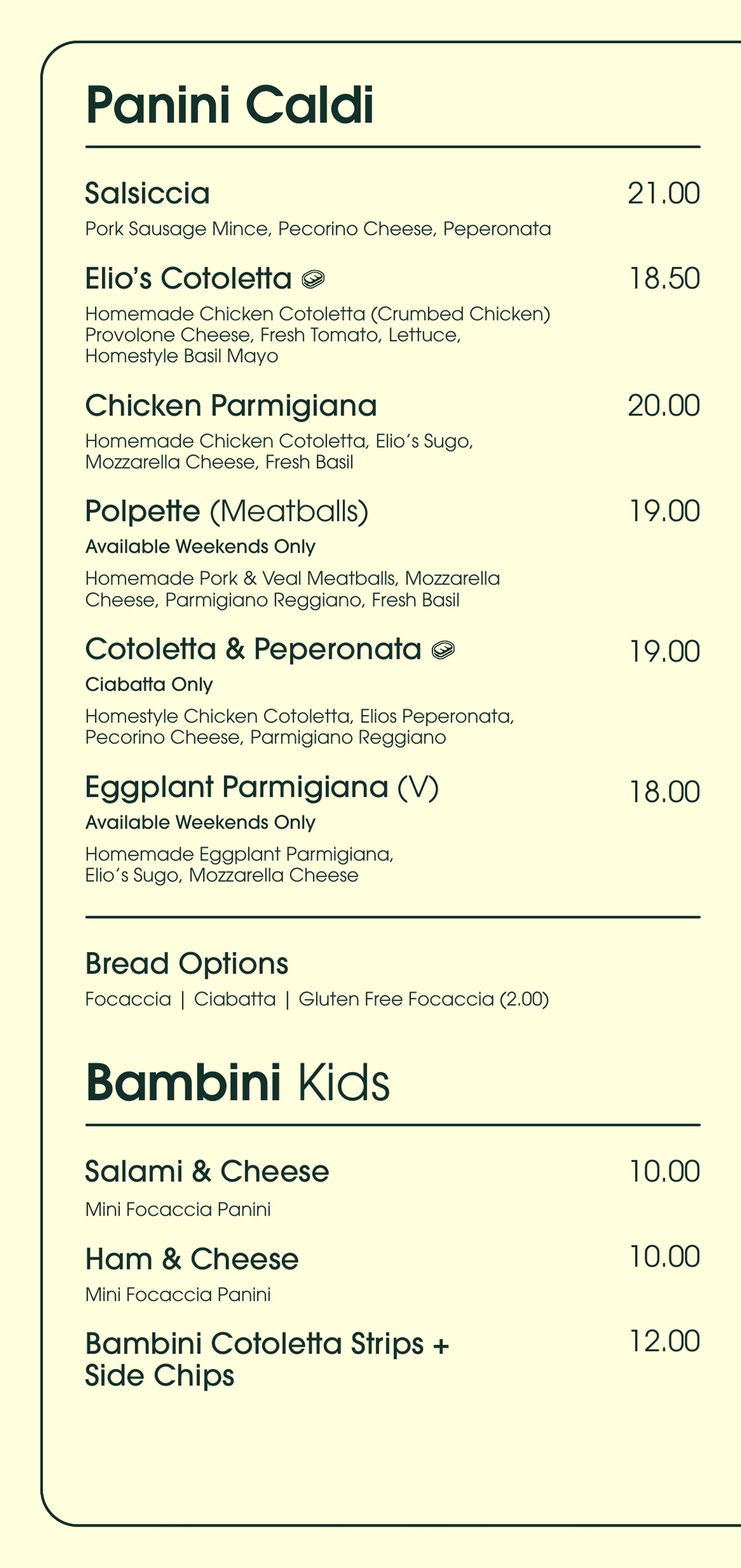 Elio's menu panel 2